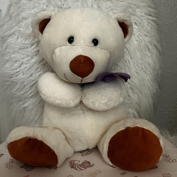 Other - Plush White Teddy Bear with Brown Accents and Purple Bow